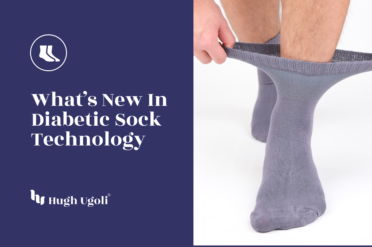 A person pulling on a grey Hugh Ugoli diabetic sock, highlighting advancements in diabetic sock technology.